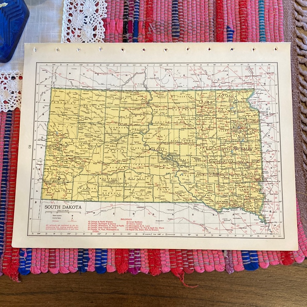 1949 S. Dakota/Tennessee Map Ready to Frame 9 1/4” x 12 1/4” with Railro…